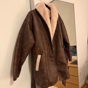 Commense Brown Faux Leather Jacket with Cream Shearling